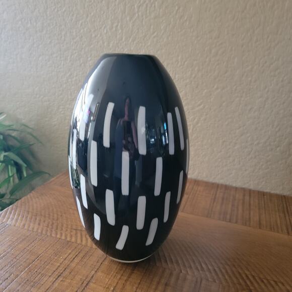 Vintage Black Art Glass Vase with White Dash Motif 10.5 Inch Modernist Design - Picture 3 of 10